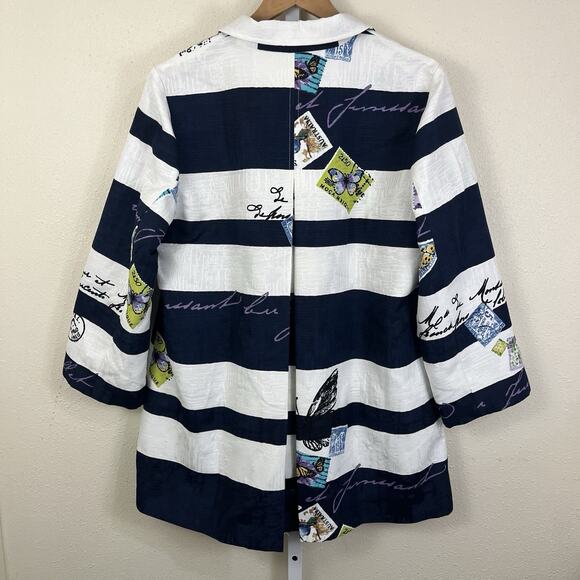 NWT CHICO'S Postcard Striped Jacket Size 2/L Large Stamp Navy Blue White Pockets - Picture 3 of 5